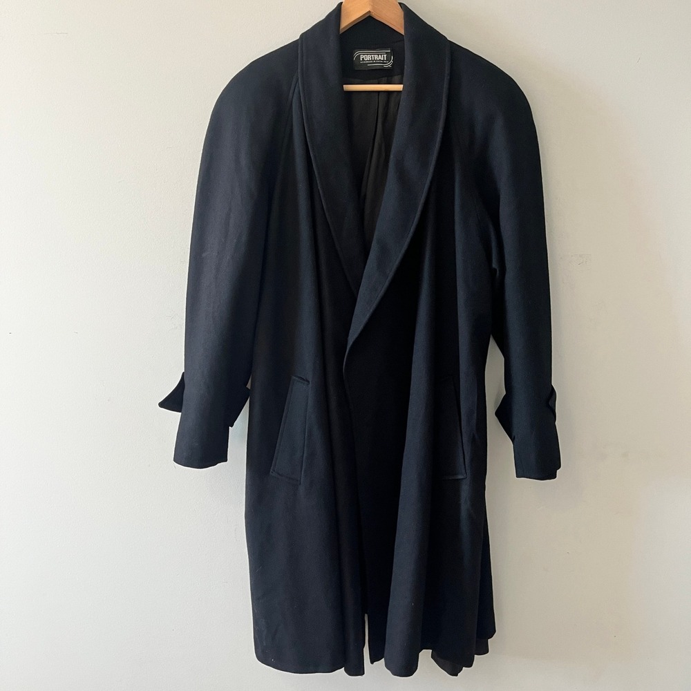 Portrait Vintage Pure Wool Shawl Collar Coat Black 14 Smocked Back Detail